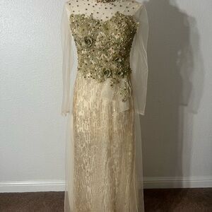 VIETNAMESE AO DAI GOLD AND PEARL EMBELLISHED WITH MATCHING GOLD PANTS SIZE SMALL